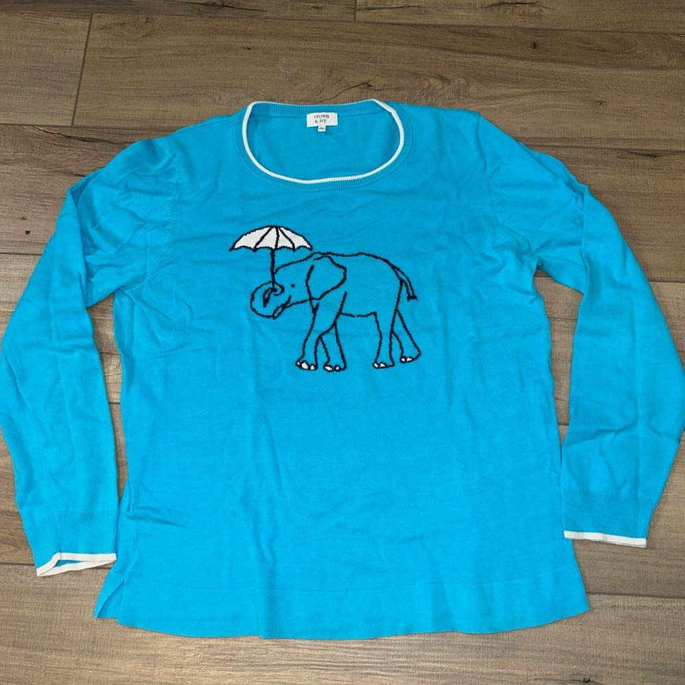 Crown & Ivy Elephant Sweater Whimsical Ringer Collar Aqua Blue Layering Women Xl